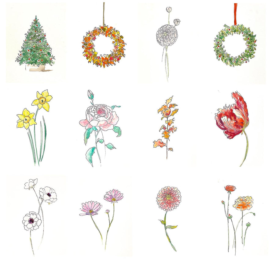 Custom Set of 25 Flora Cards & Original Watercolor